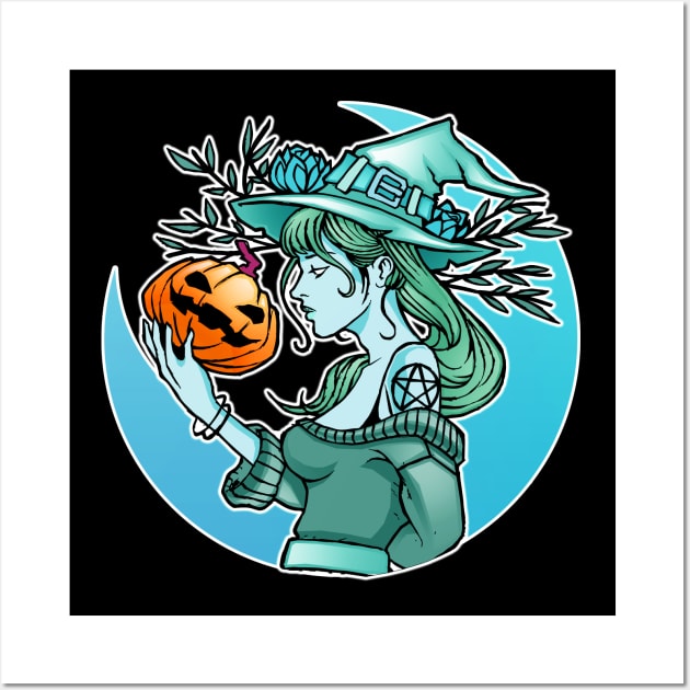 Halloween Cute Witch With Pumpkin and the Moon Blue Wall Art by dnlribeiro88